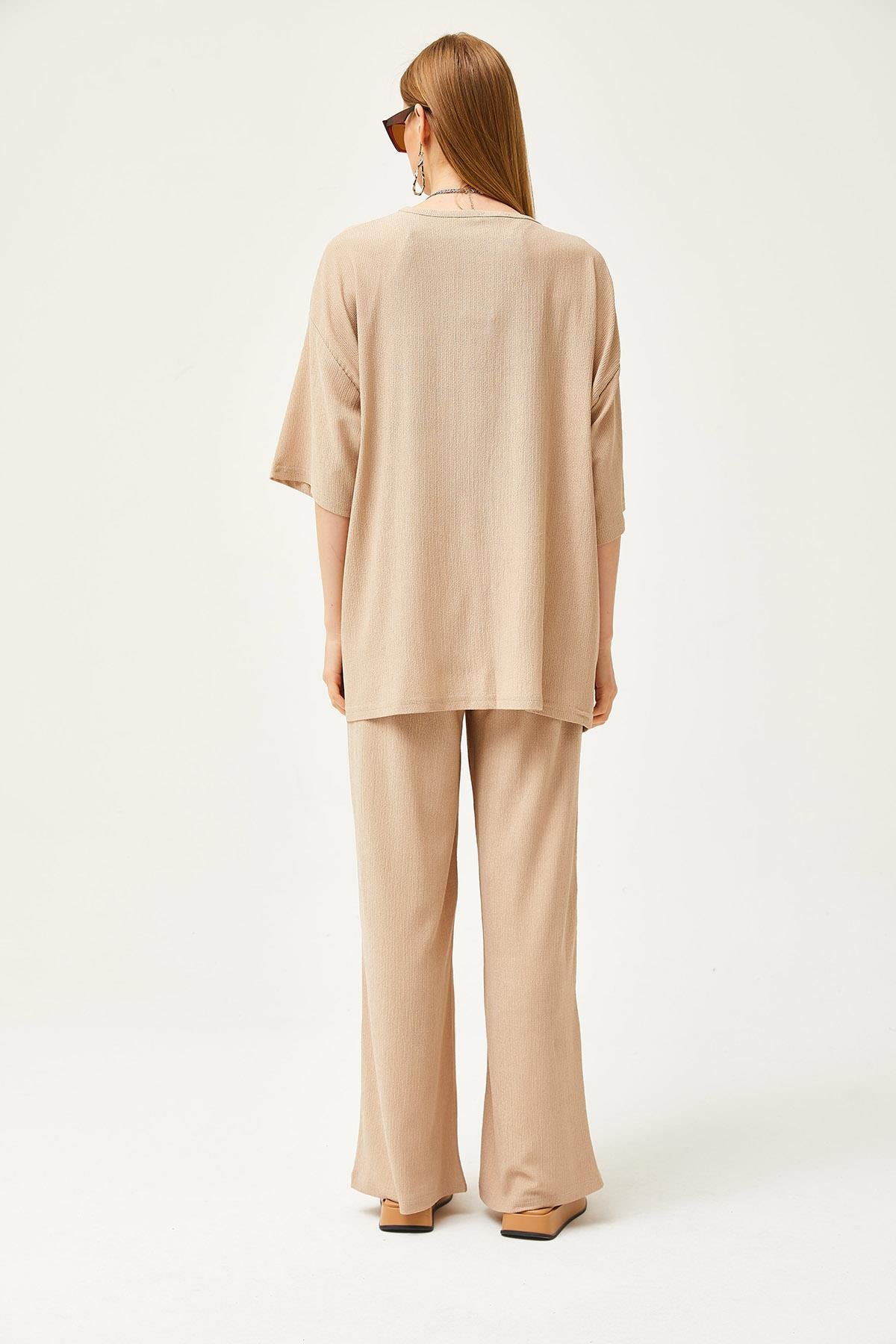 Üst Kimono Alt Pantolon Takım Bej