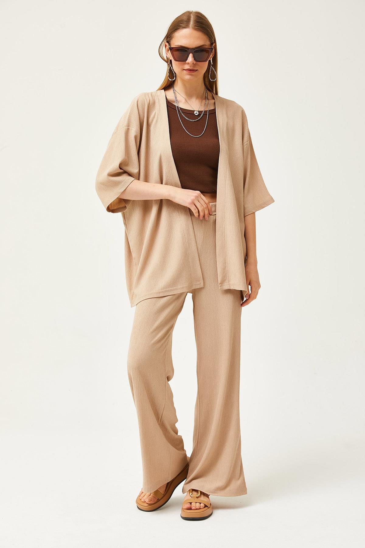 Üst Kimono Alt Pantolon Takım Bej