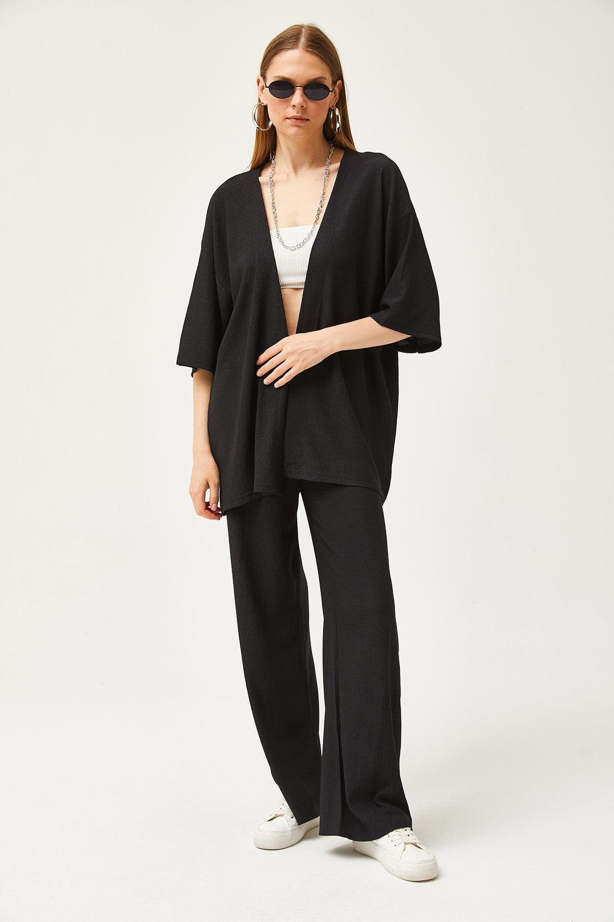 Üst Kimono Alt Pantolon Takım Siyah