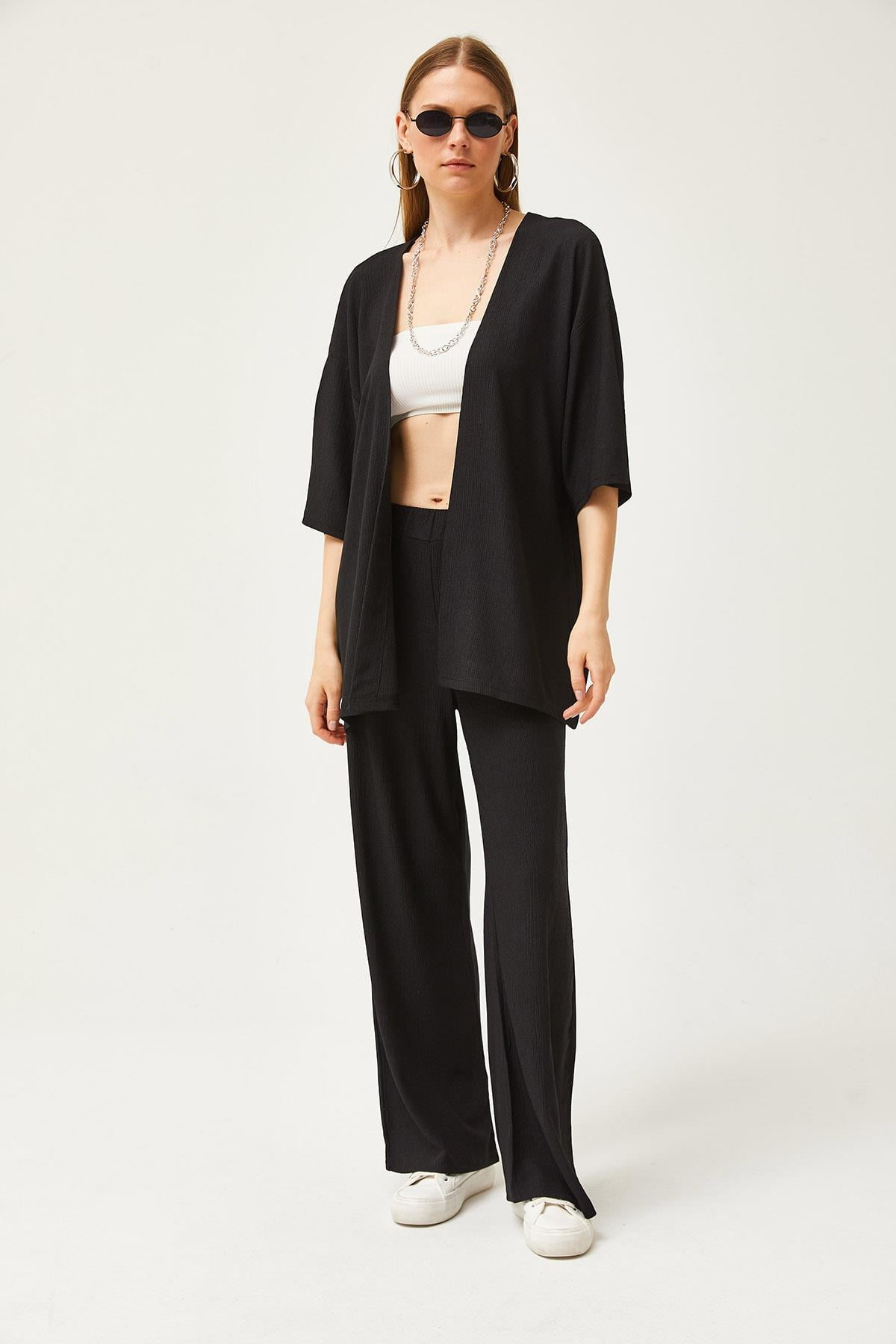 Üst Kimono Alt Pantolon Takım Siyah