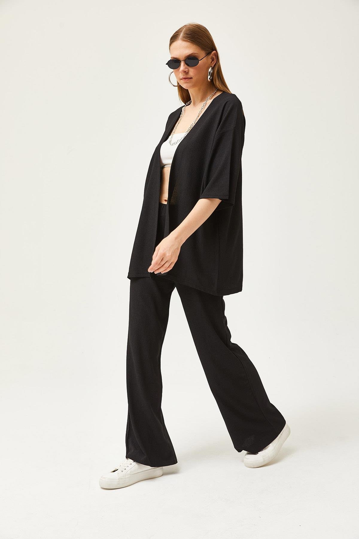 Üst Kimono Alt Pantolon Takım Siyah