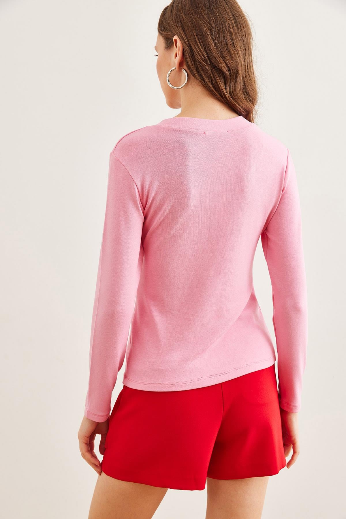 V Yaka Dökümlü Soft Touch Bluz Şeker Pembe