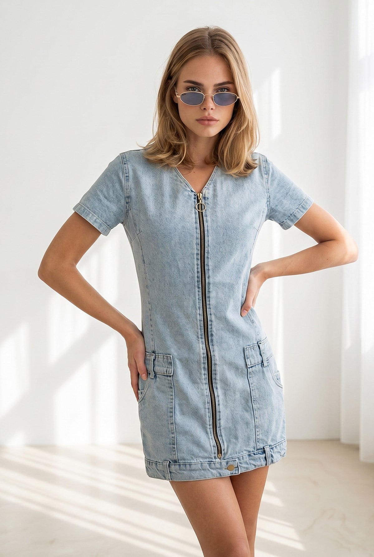 V Yaka Fermuarlı Mini Denim Elbise Mavi