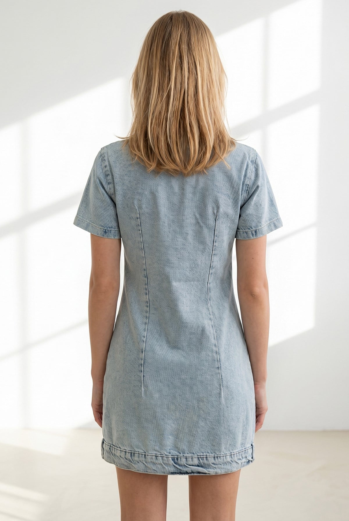 V Yaka Fermuarlı Mini Denim Elbise Mavi