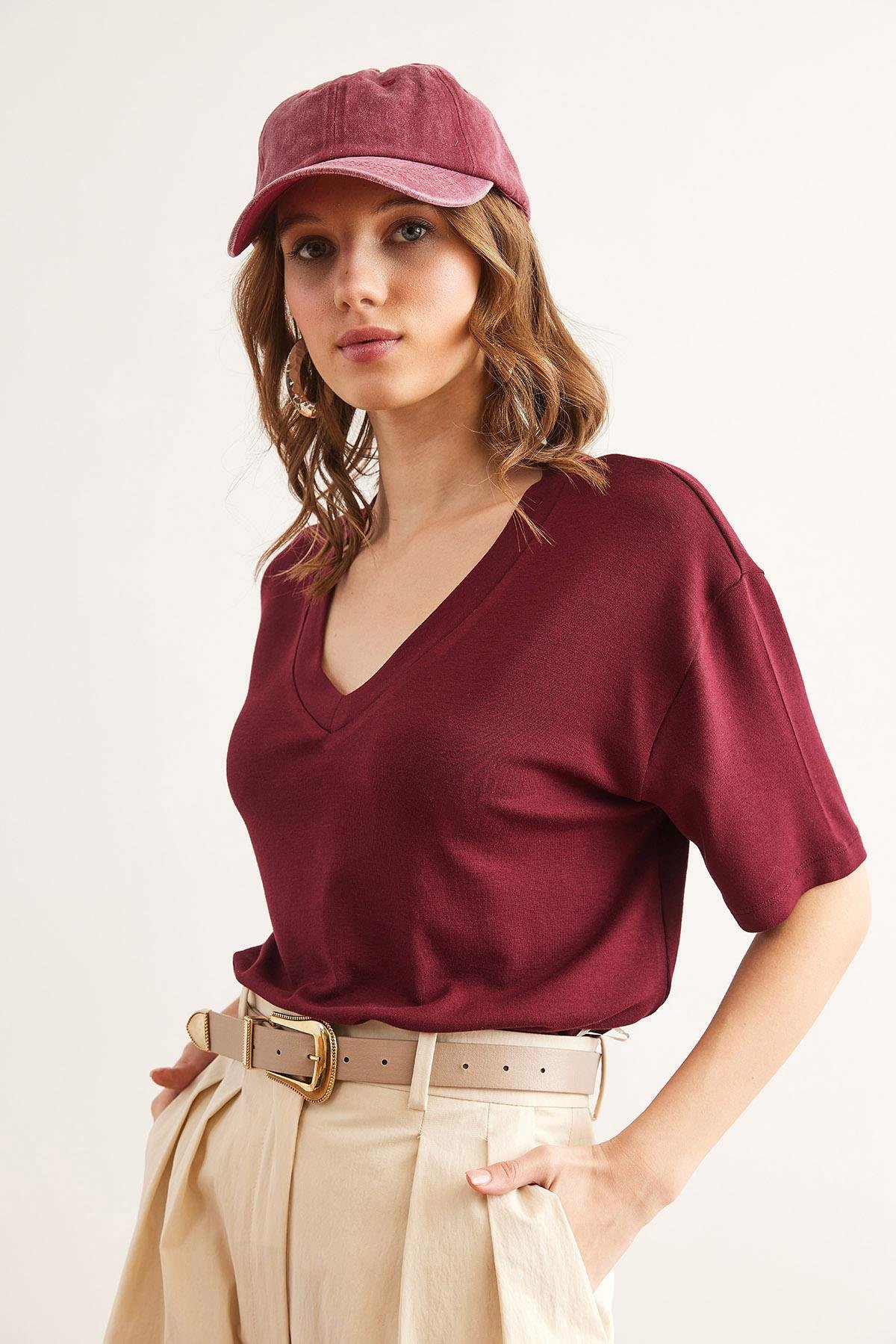 V Yaka Salaş Soft Touch Bluz Bordo