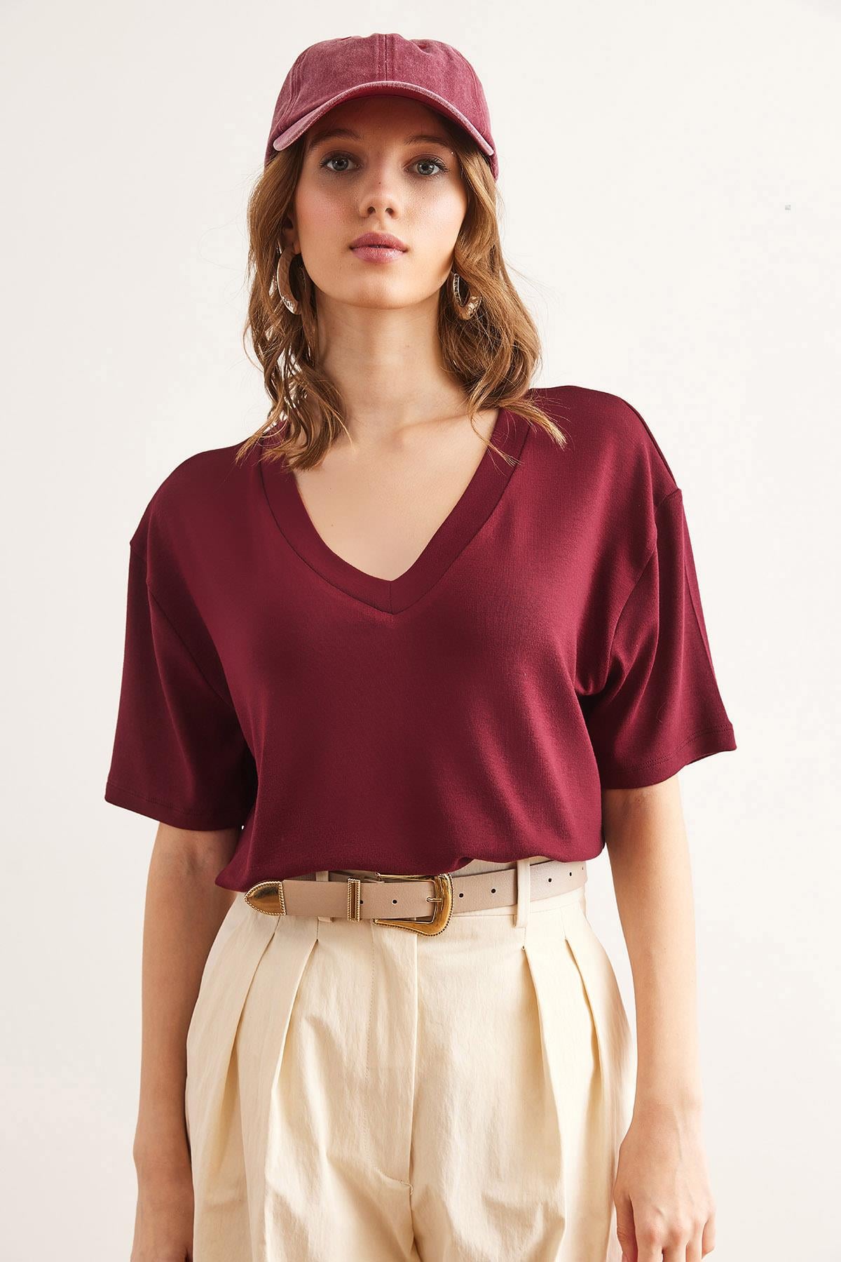 V Yaka Salaş Soft Touch Bluz Bordo