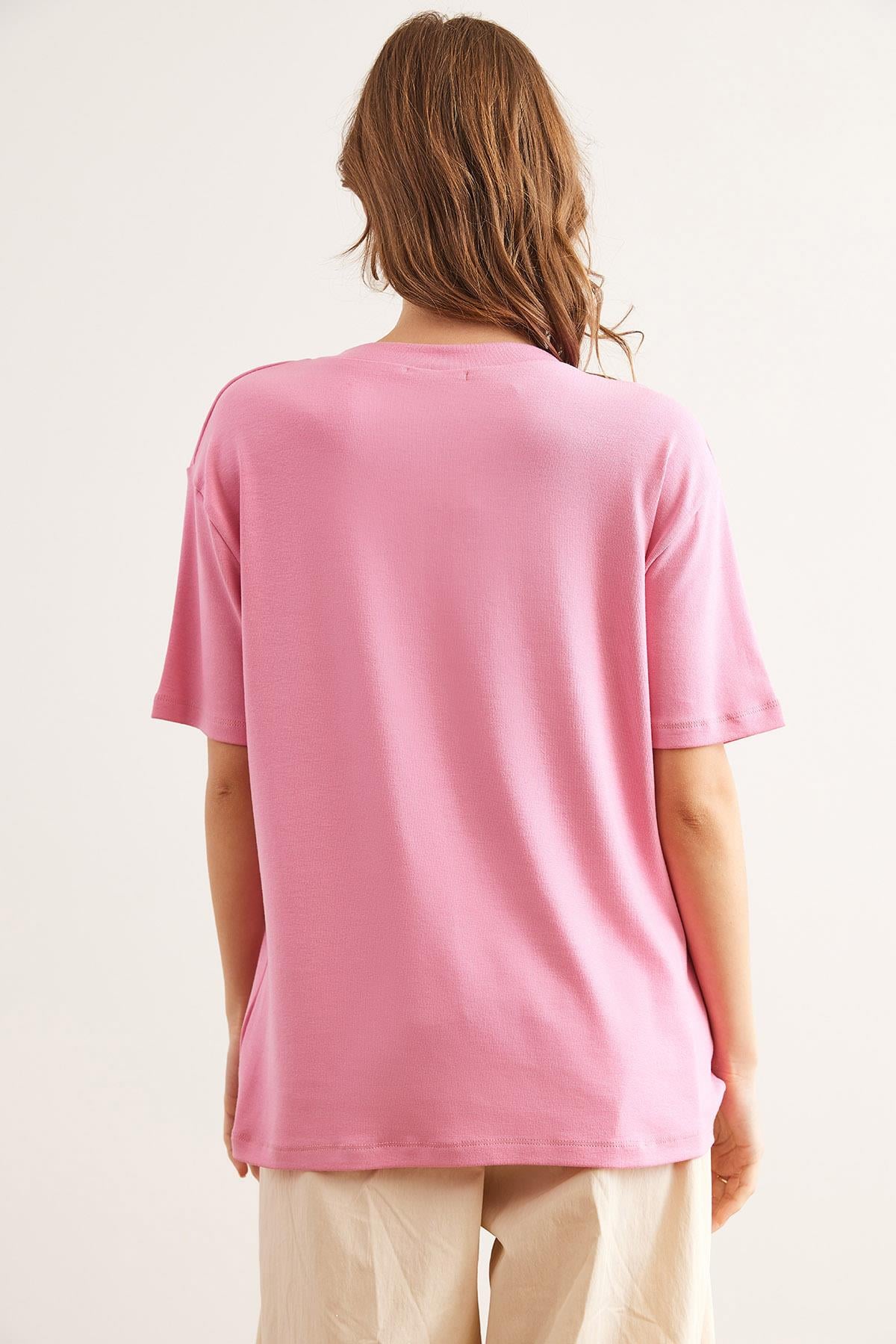 V Yaka Salaş Soft Touch Bluz Şeker Pembe
