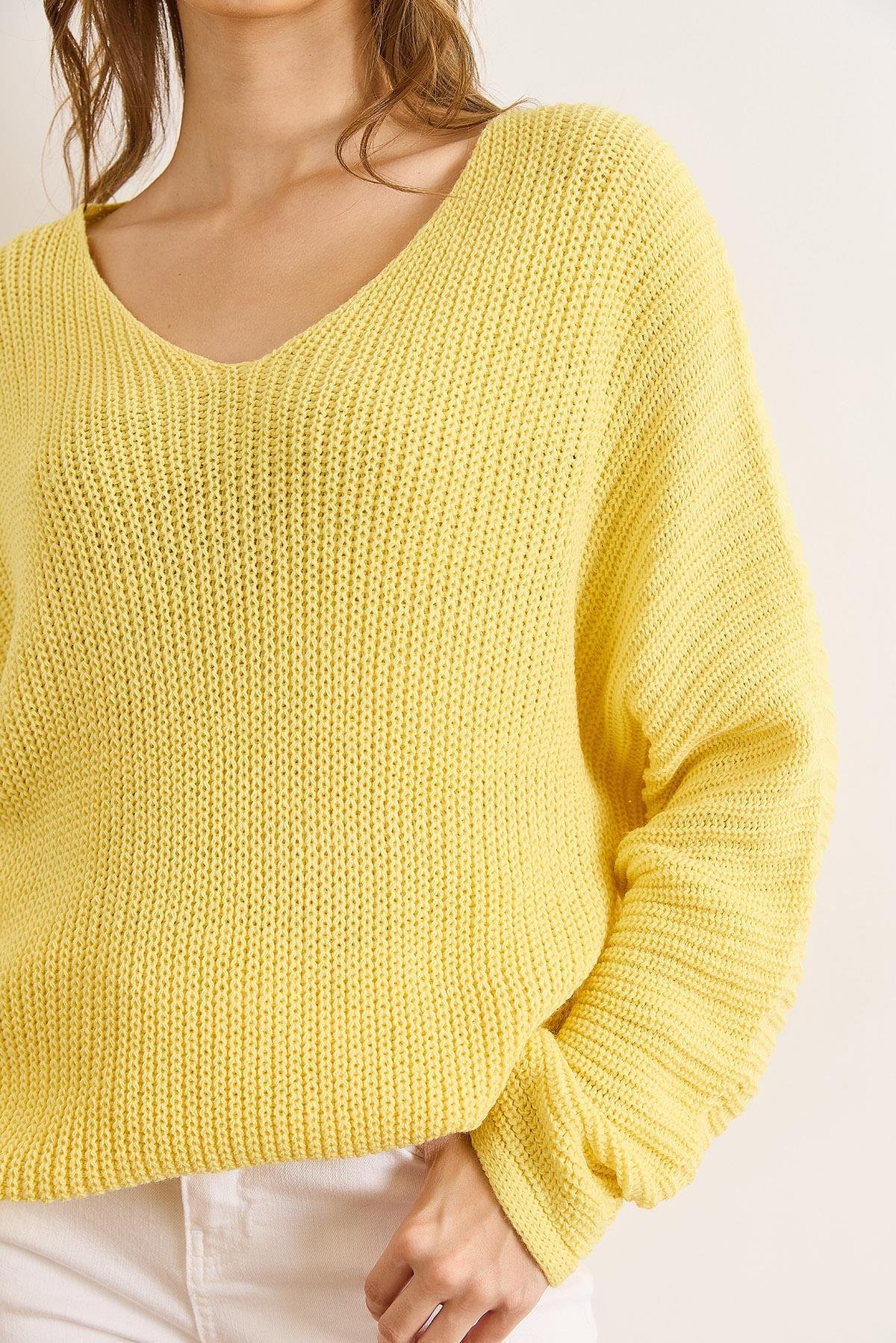 V Yaka Selanik Örgü Oversize Triko Tunik Açık Sarı