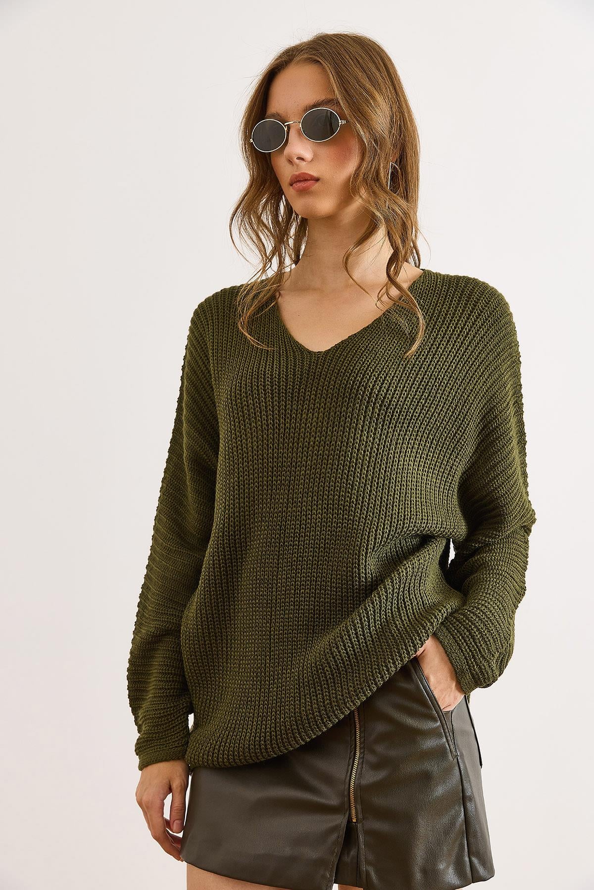 V Yaka Selanik Örgü Oversize Triko Tunik Haki