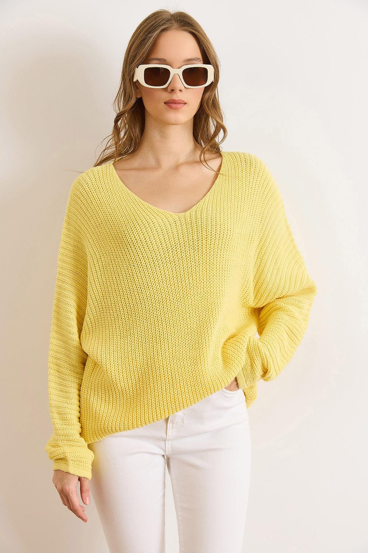 V Yaka Selanik Örgü Oversize Triko Tunik Açık Sarı