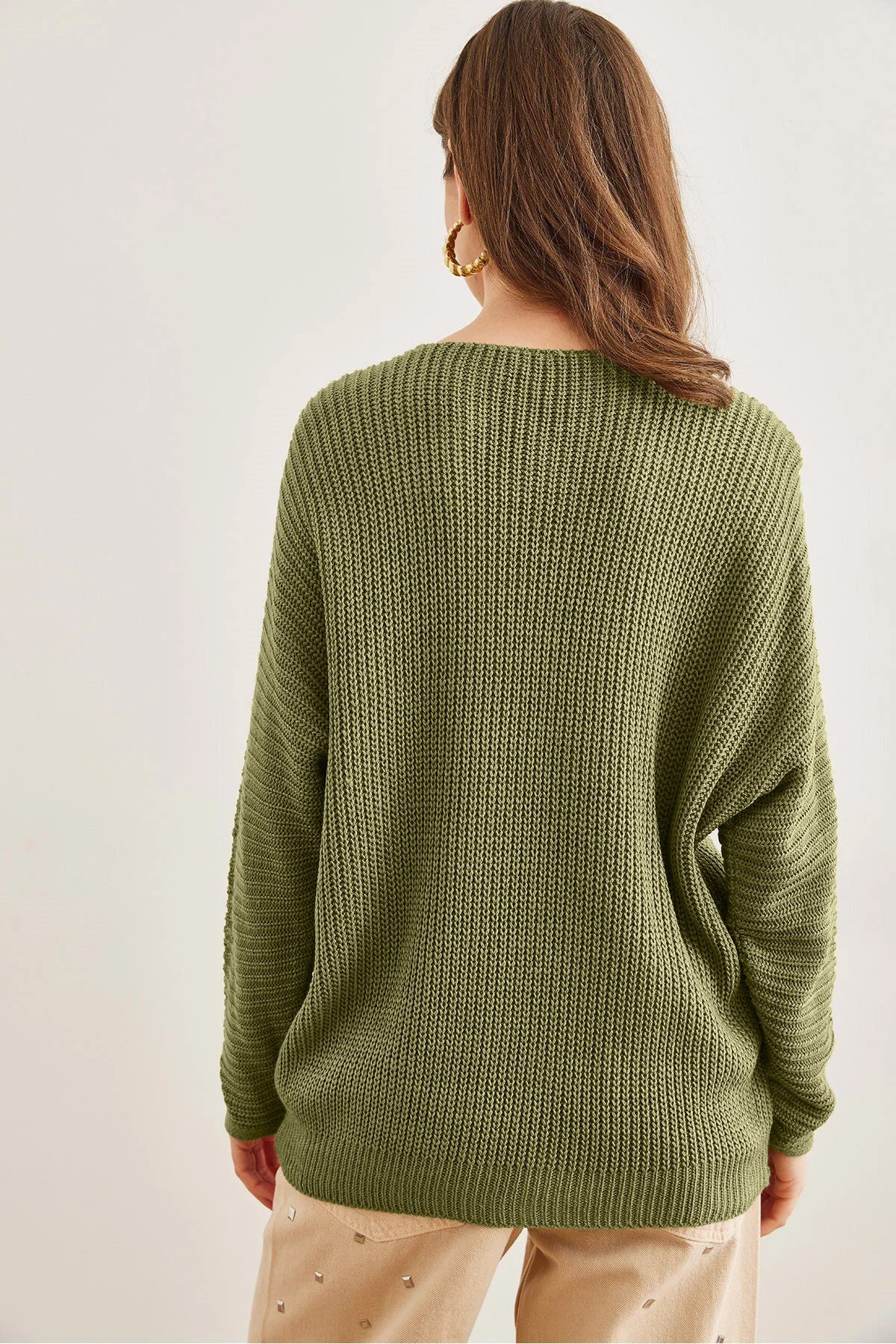 V Yaka Selanik Örgü Oversize Triko Tunik Açık Haki
