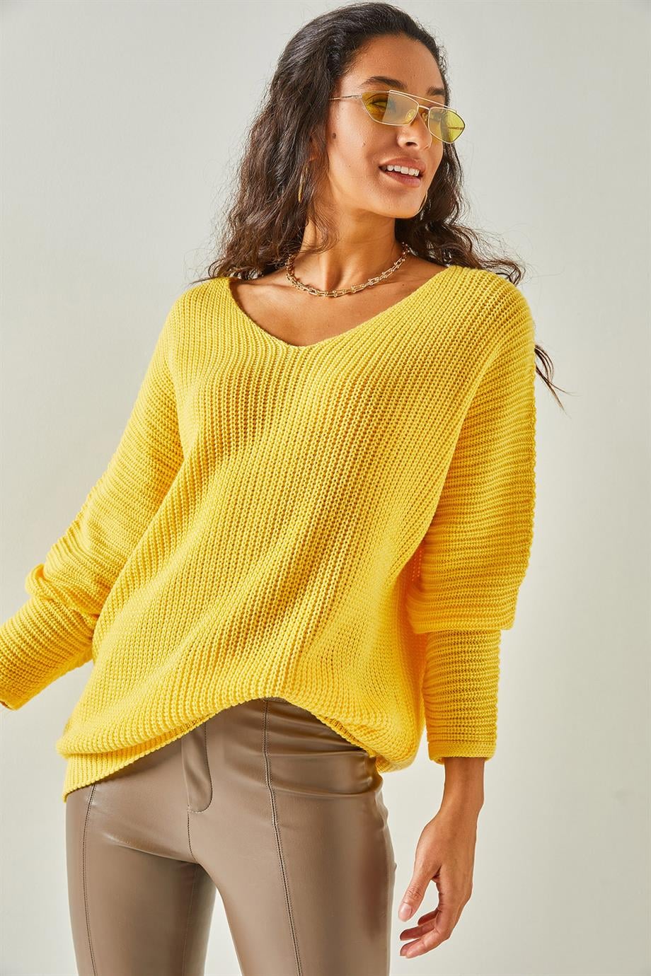 V Yaka Selanik Örgü Oversize Triko Tunik Sarı