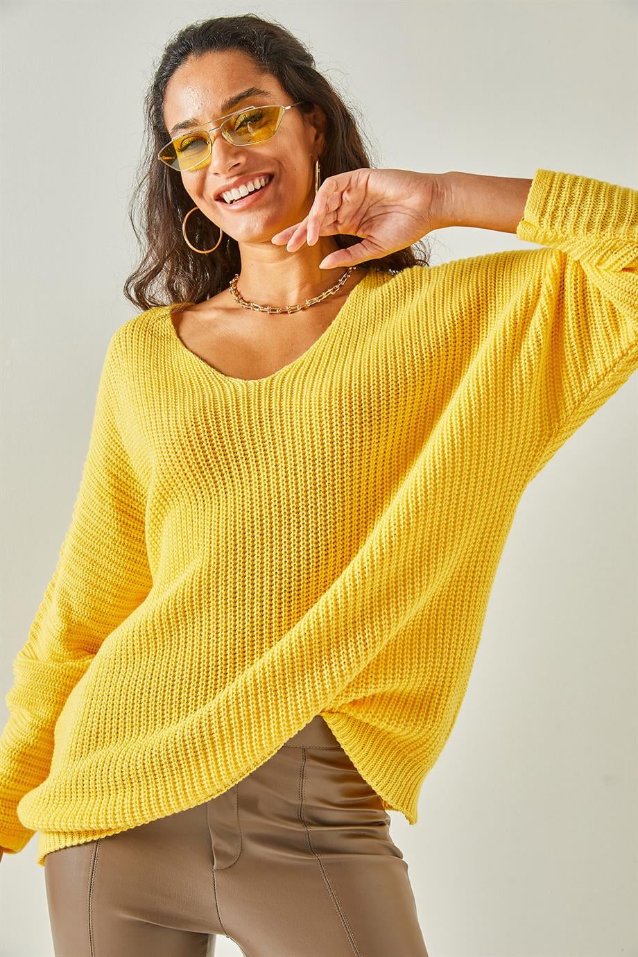 V Yaka Selanik Örgü Oversize Triko Tunik Sarı