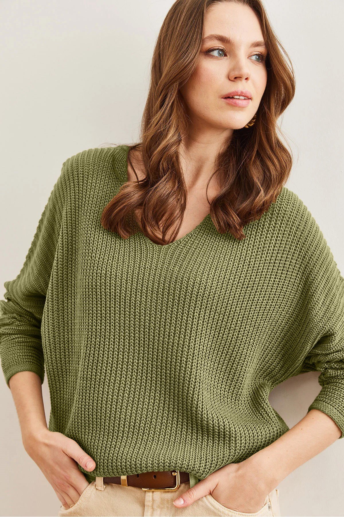 V Yaka Selanik Örgü Oversize Triko Tunik Açık Haki