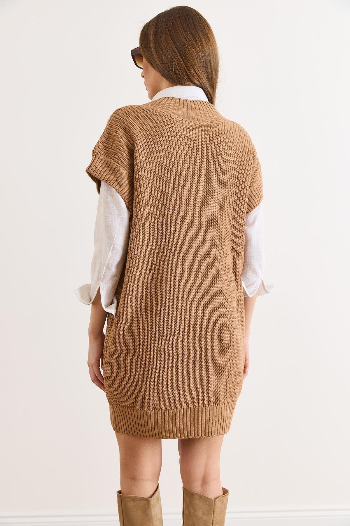 V Yaka Triko Tunik Elbise Camel