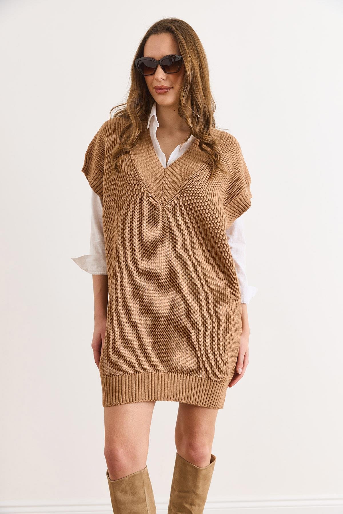 V Yaka Triko Tunik Elbise Camel