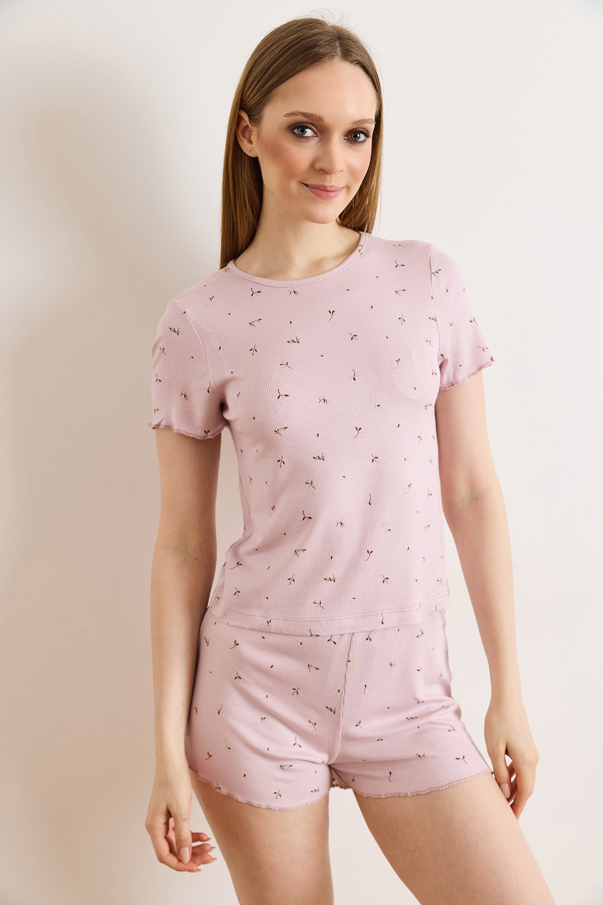 Viskon Şortlu Pijama Takımı Lila Yaprak