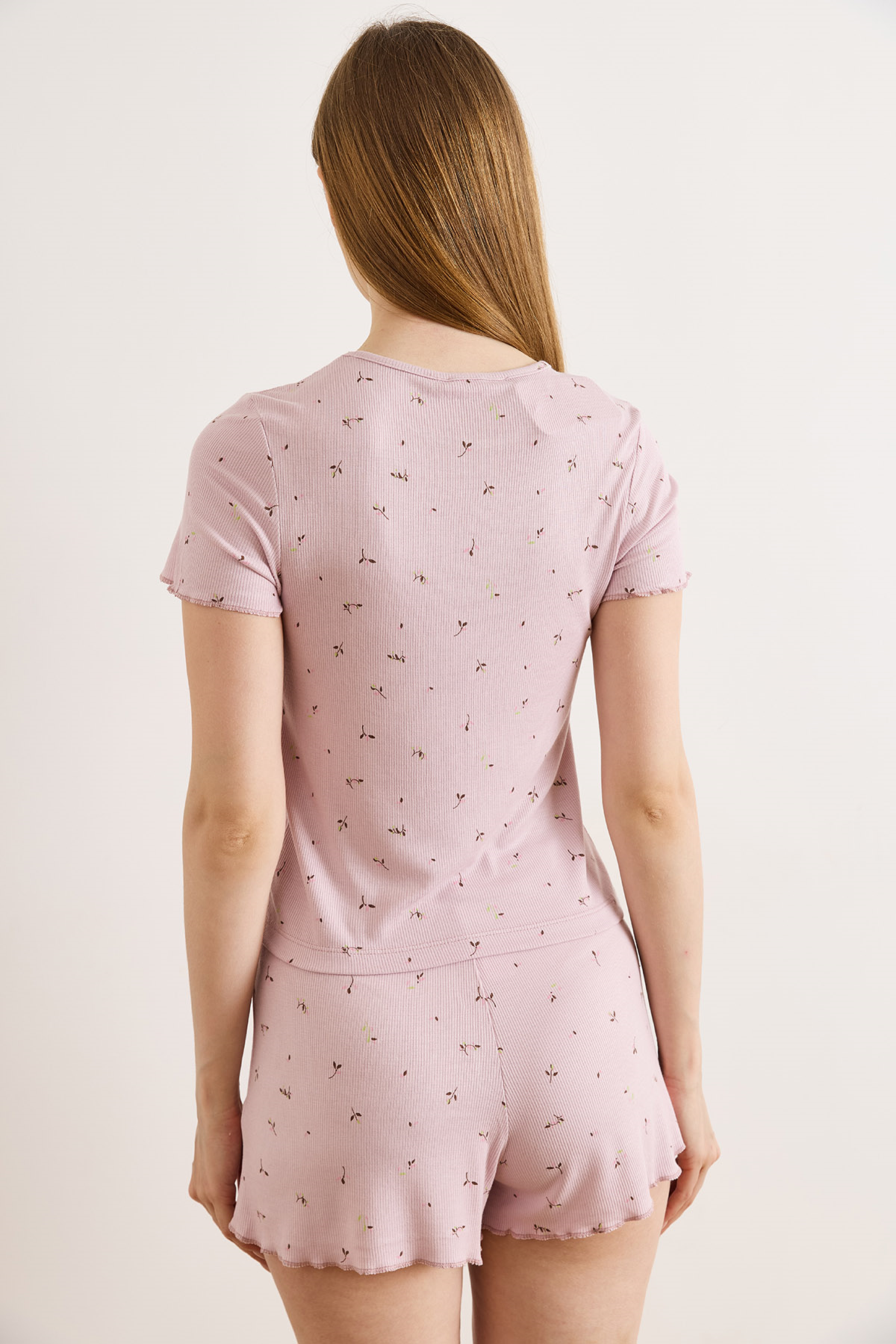 Viskon Şortlu Pijama Takımı Lila Yaprak