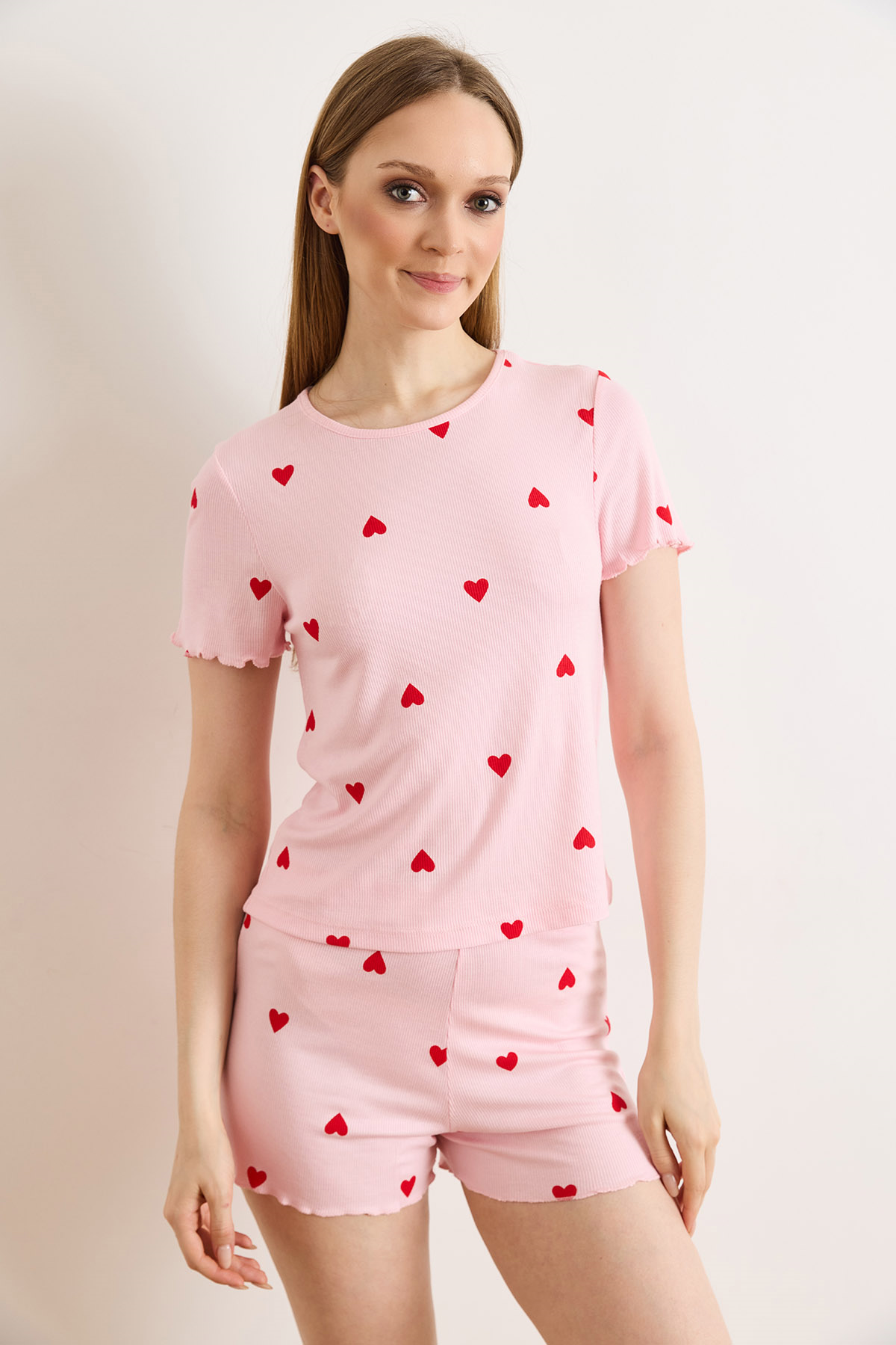 Viskon Şortlu Pijama Takımı Pembe Kalp