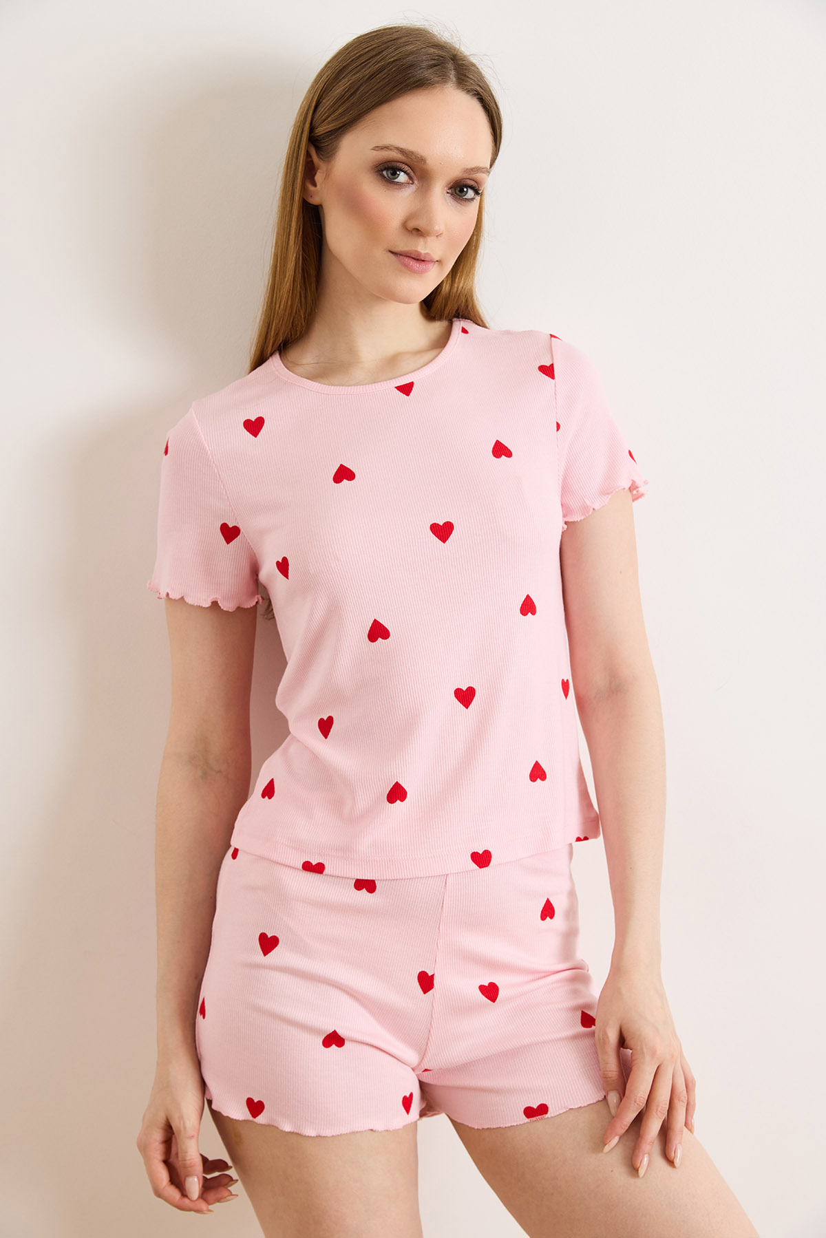 Viskon Şortlu Pijama Takımı Pembe Kalp