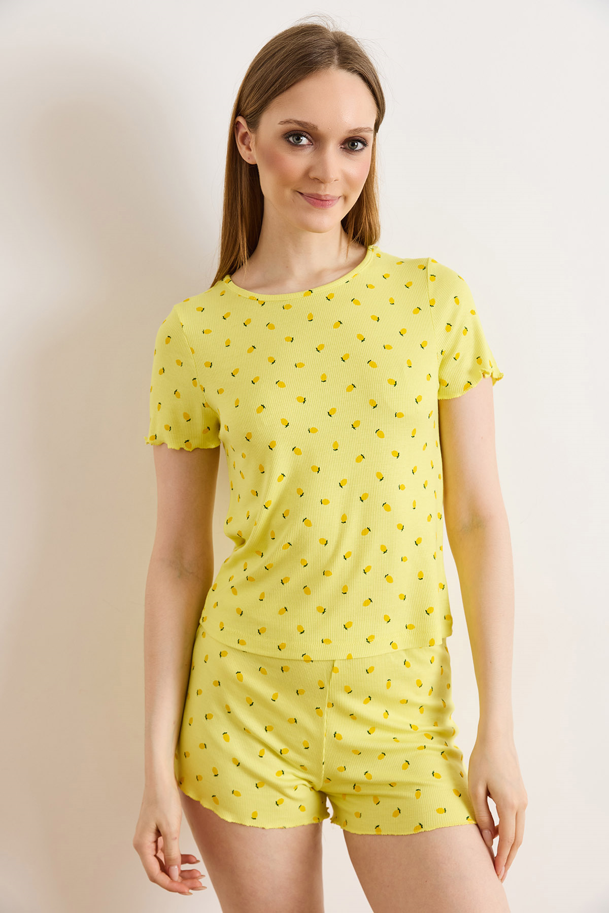 Viskon Şortlu Pijama Takımı Sarı Limon