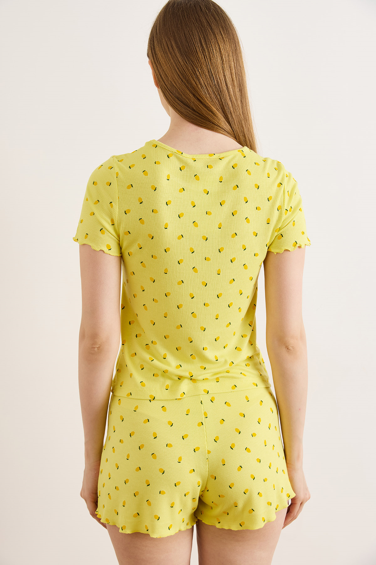 Viskon Şortlu Pijama Takımı Sarı Limon