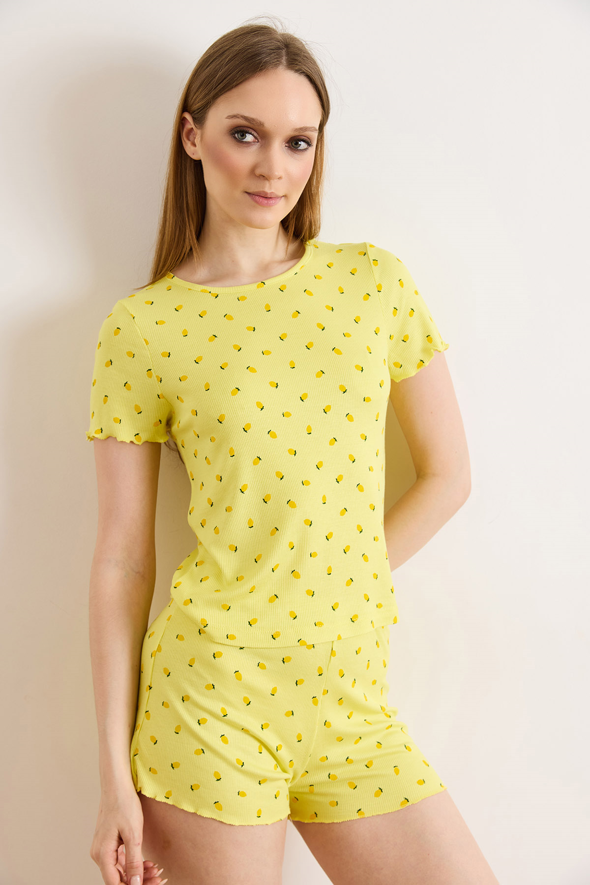 Viskon Şortlu Pijama Takımı Sarı Limon