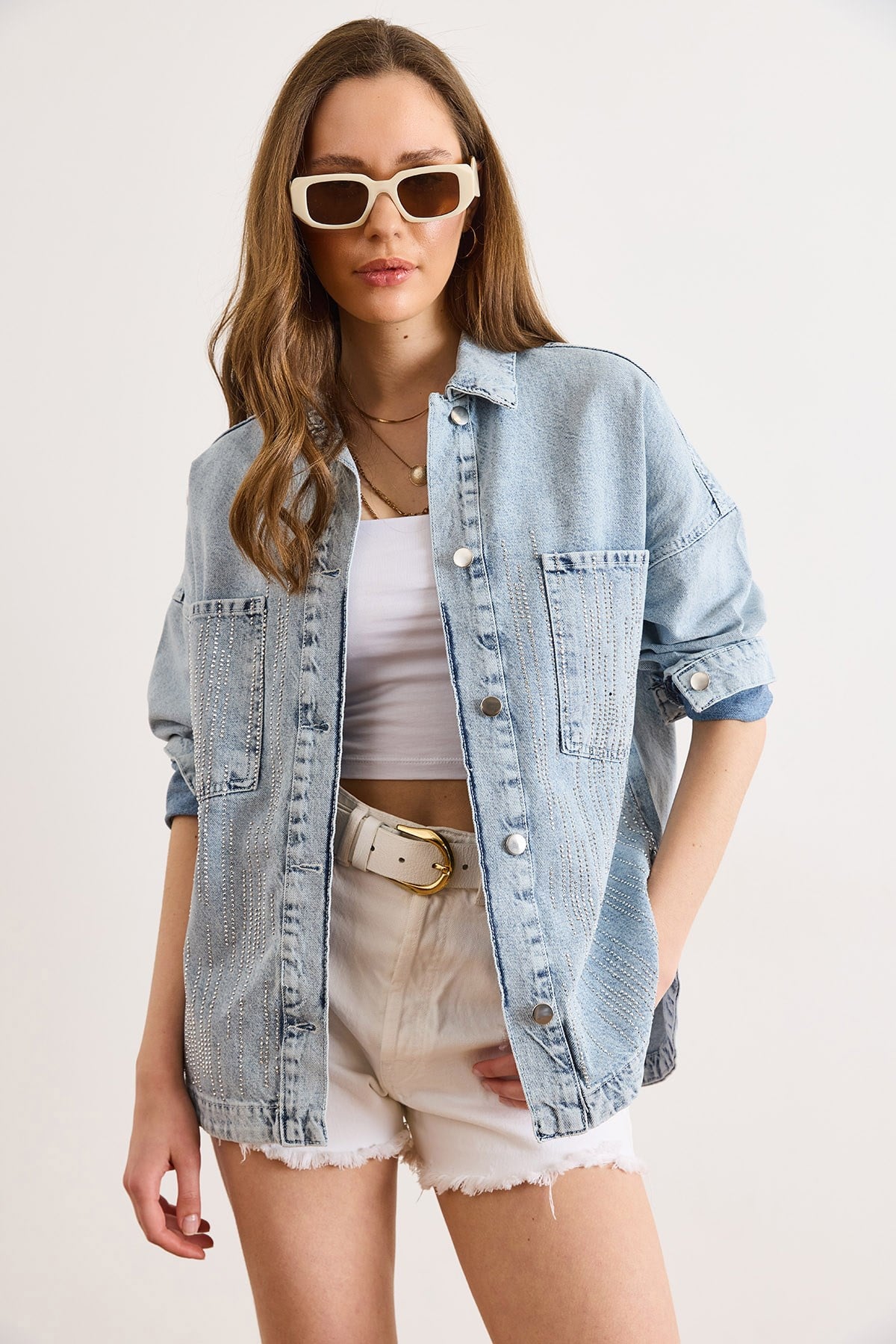 Yağmur Taş Detaylı Cepli Denim Gömlek Ceket Mavi