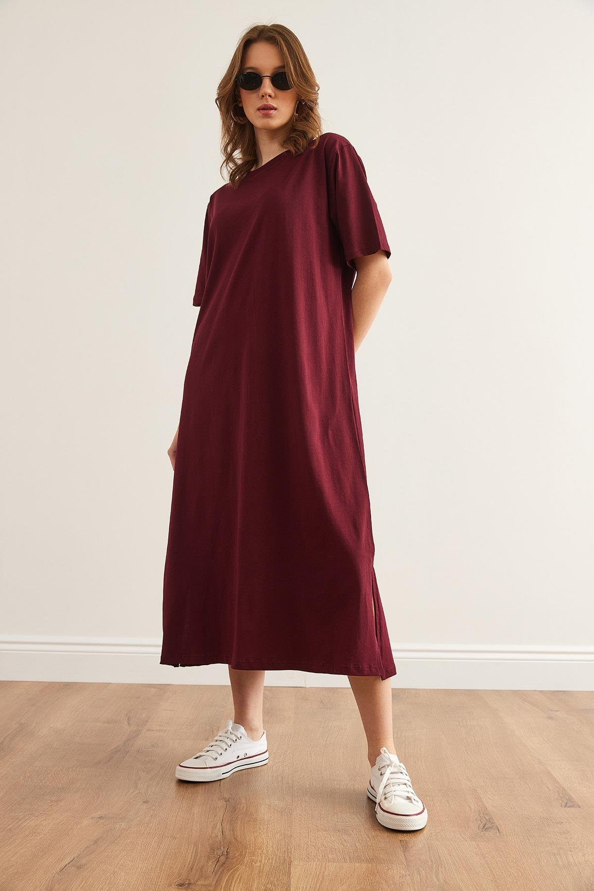 Yanı Yırtmaçlı Oversize Pamuk Elbise Bordo