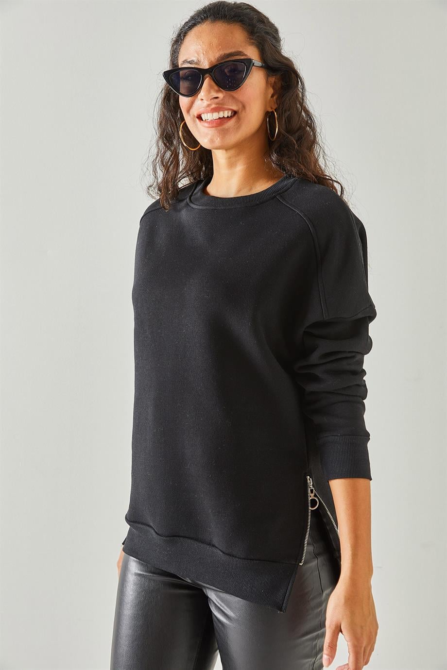 Yanları Fermuar Detaylı İçi Polarlı Kalın Sweatshirt Siyah
