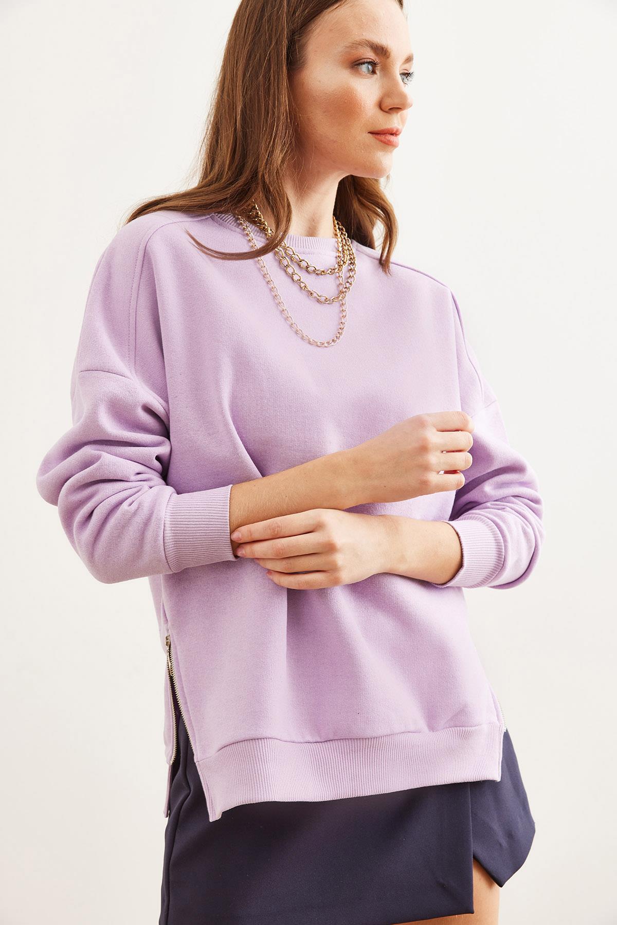 Yanları Fermuar Detaylı İçi Polarlı Kalın Sweatshirt Lila