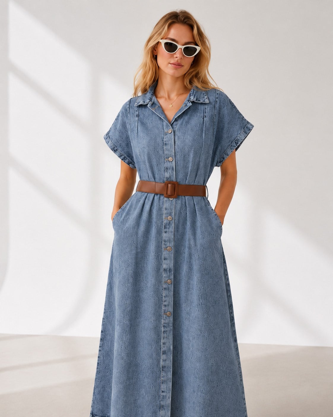 Yarasa Kol Düğmeli Kemerli Maksi Denim Elbise Açık Mavi