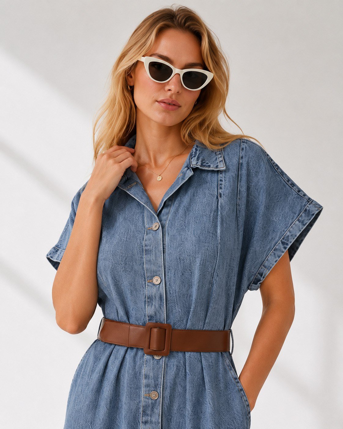Yarasa Kol Düğmeli Kemerli Maksi Denim Elbise Açık Mavi