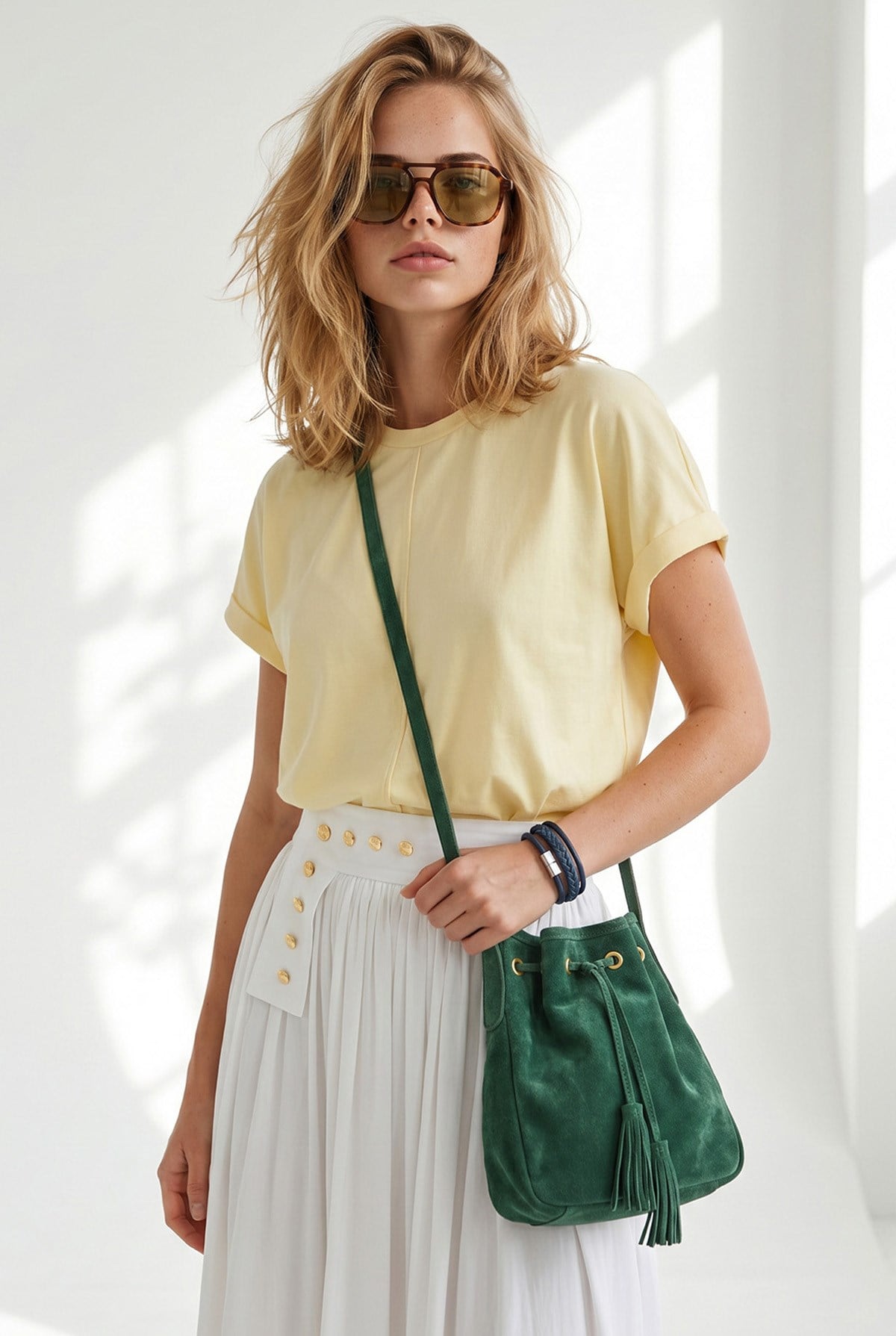Yarasa Model Kol Katlamalı Loose Fit Pamuk Tişört Sarı
