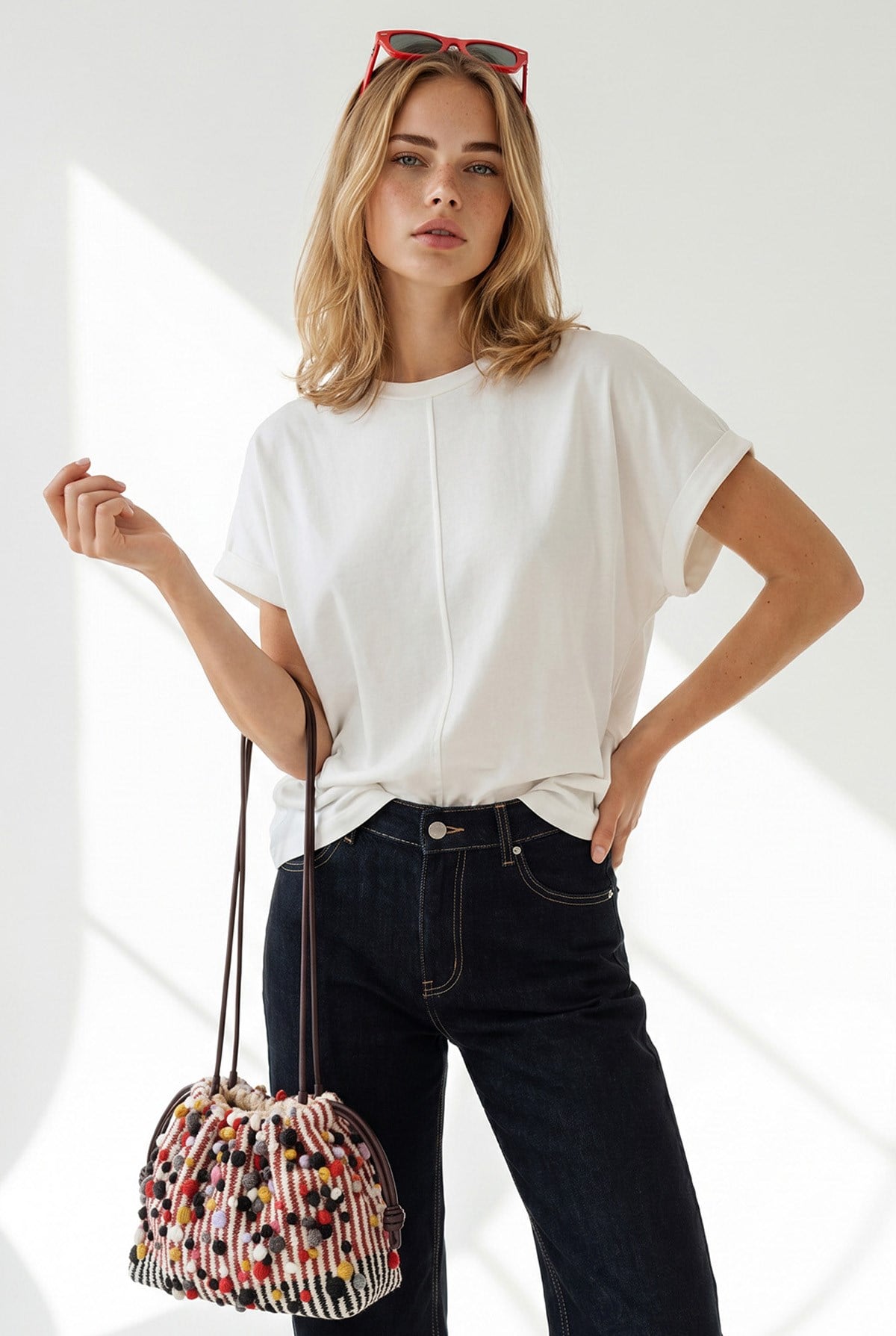 Yarasa Model Kol Katlamalı Loose Fit Pamuk Tişört Beyaz