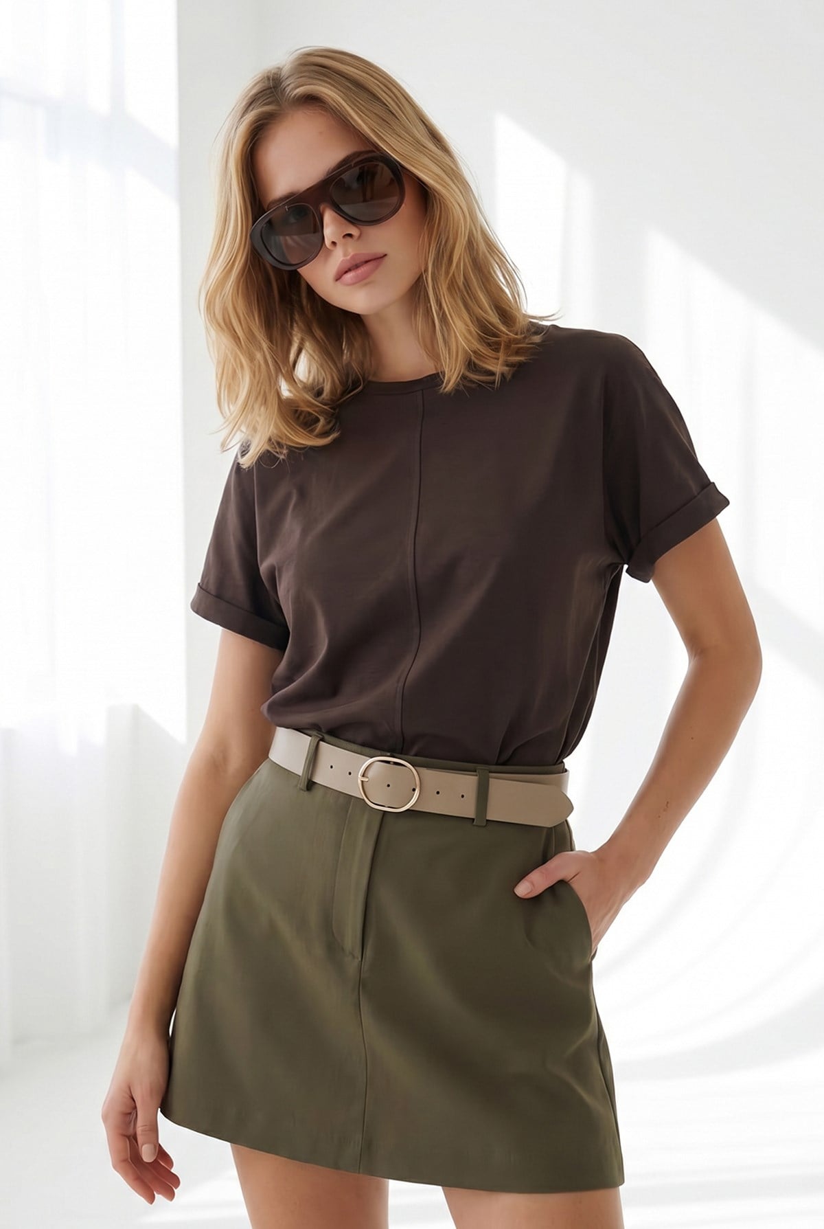 Yarasa Model Kol Katlamalı Loose Fit Pamuk Tişört Acı Kahve
