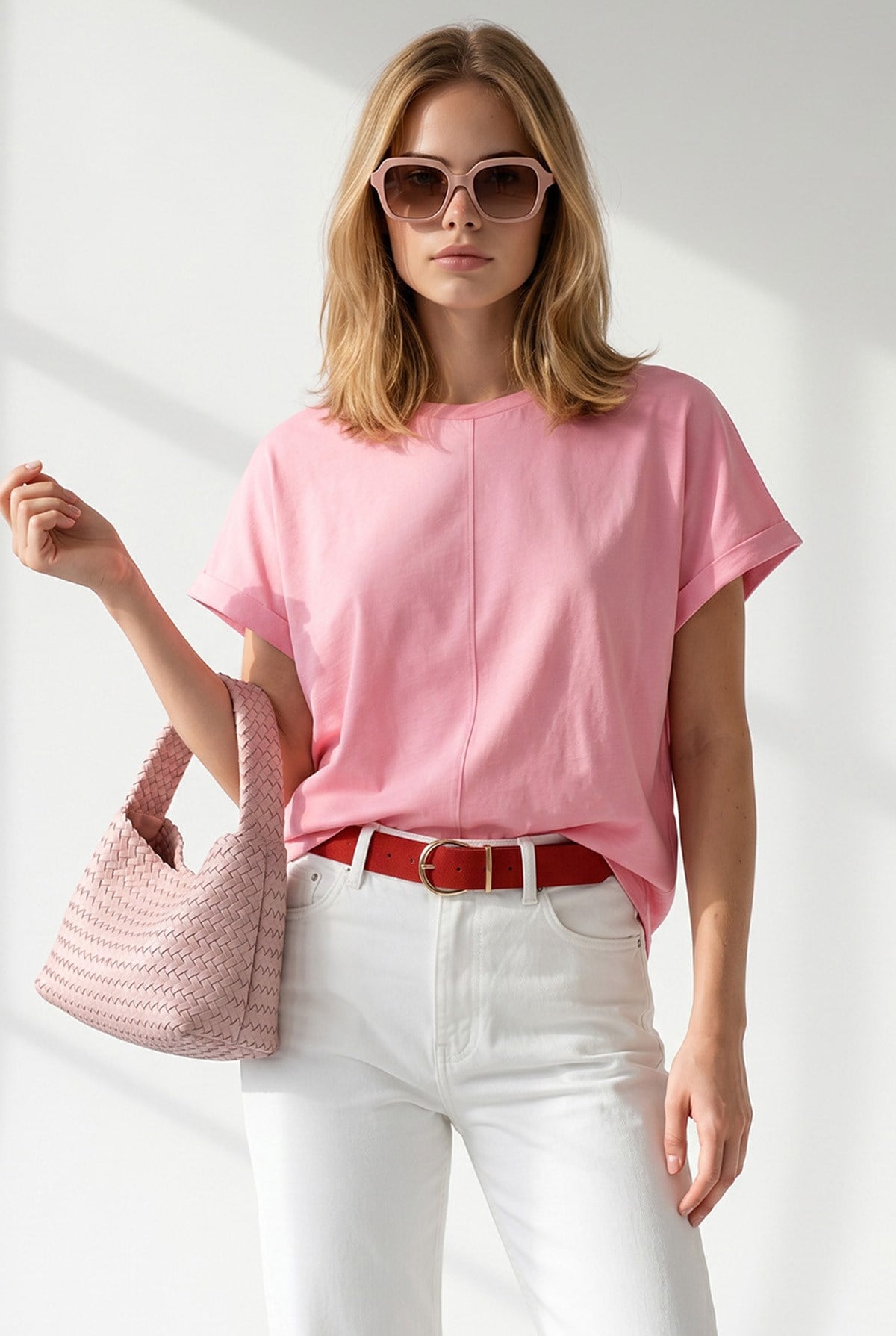 Yarasa Model Kol Katlamalı Loose Fit Pamuk Tişört Pembe