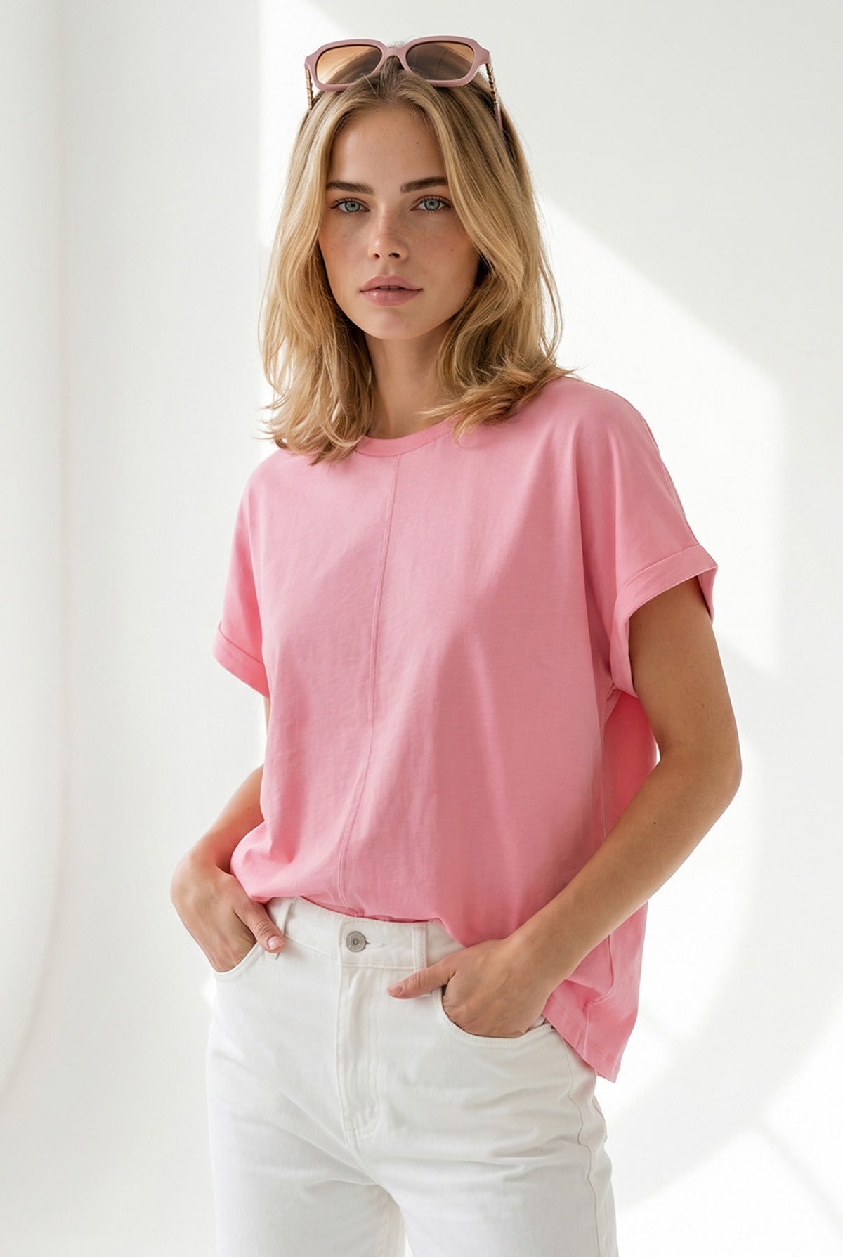 Yarasa Model Kol Katlamalı Loose Fit Pamuk Tişört Pembe