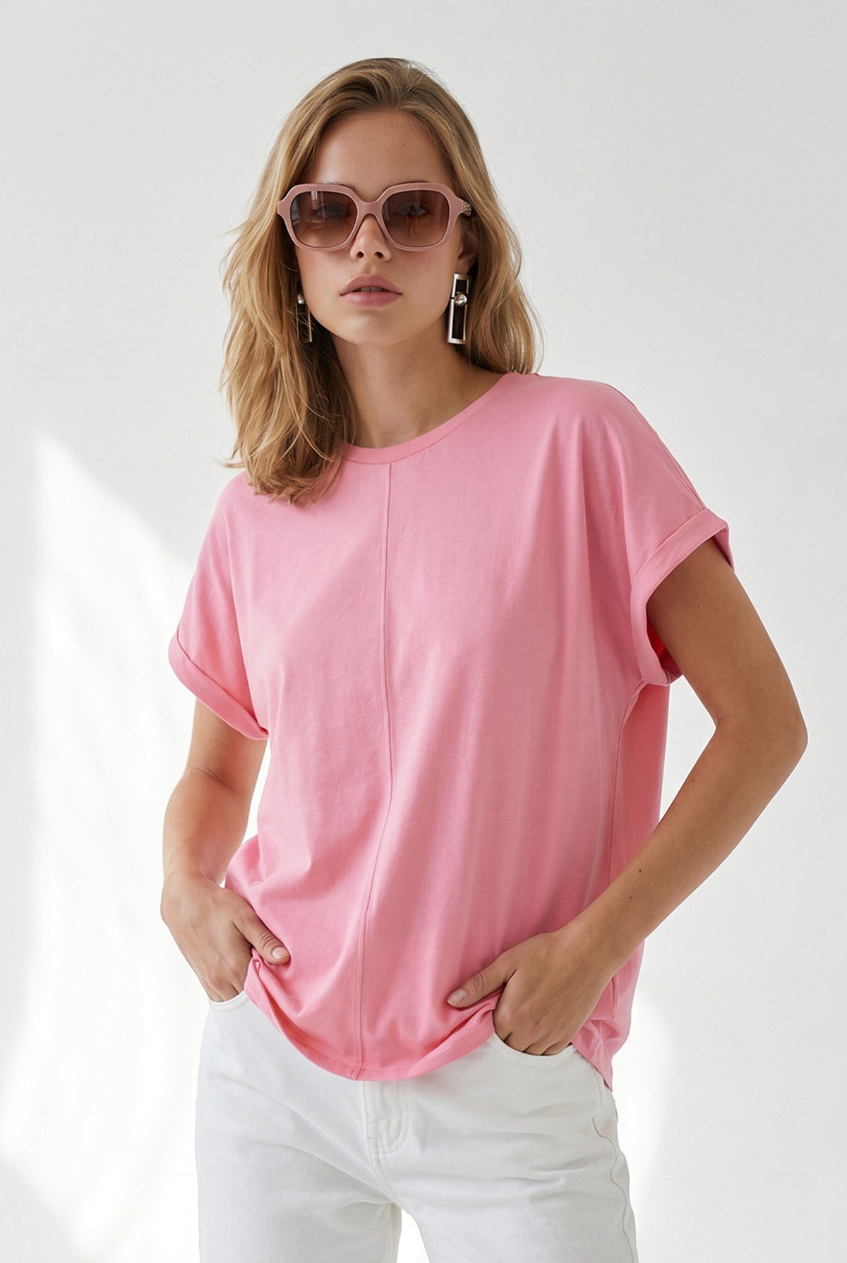 Yarasa Model Kol Katlamalı Loose Fit Pamuk Tişört Pembe