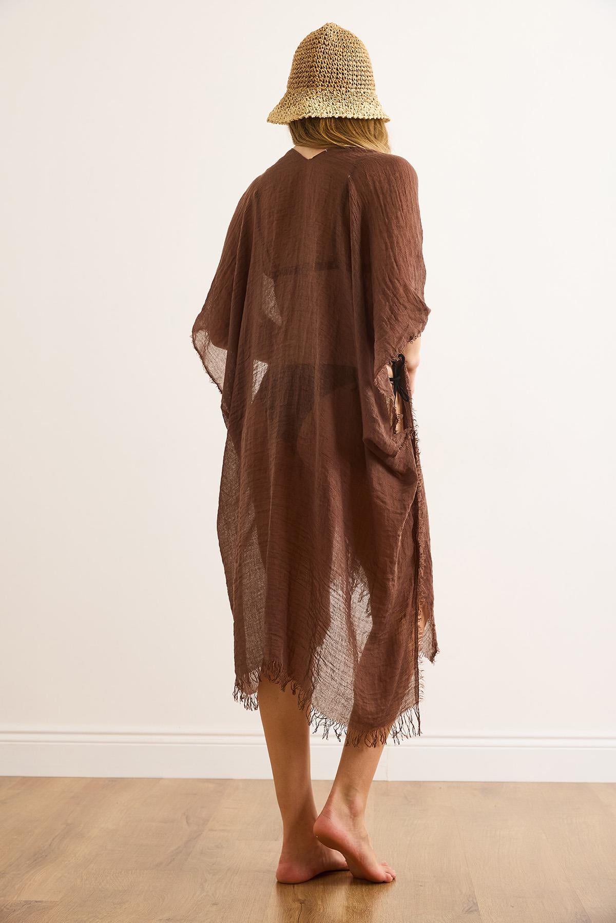 Yırtmaçlı Bağlamalı Pareo Kimono Acı Kahve