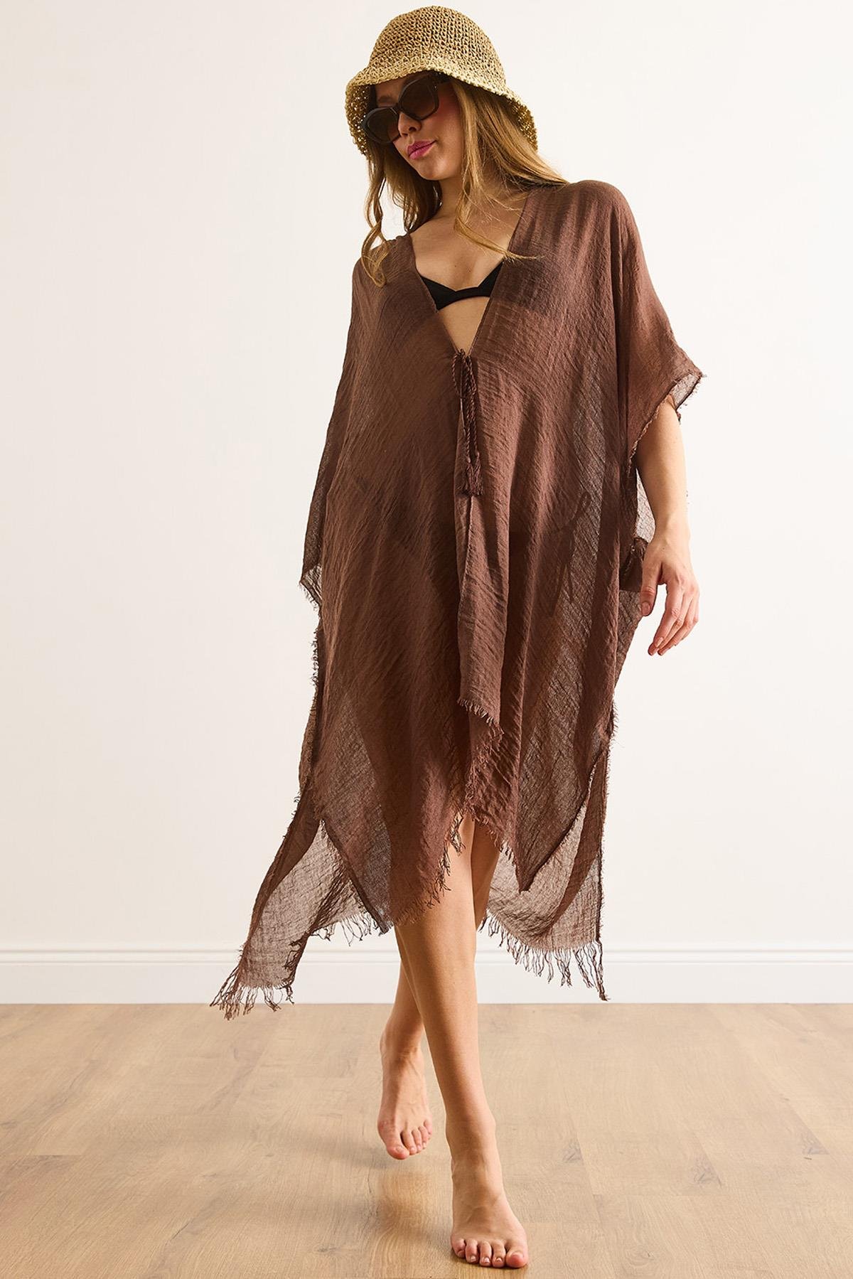 Yırtmaçlı Bağlamalı Pareo Kimono Acı Kahve