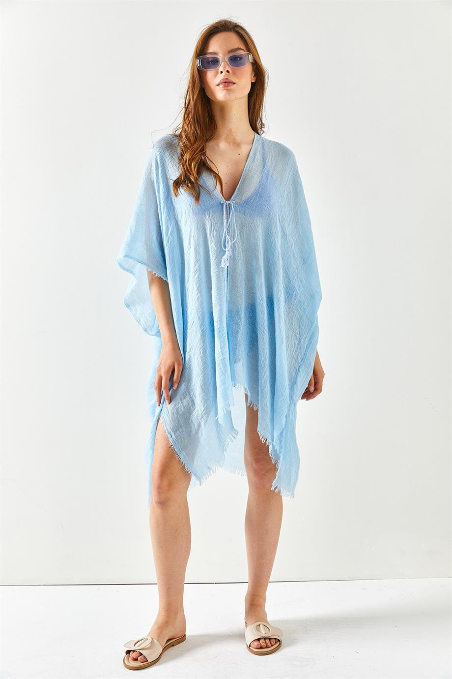 Yırtmaçlı Bağlamalı Pareo Kimono Bebe Mavi