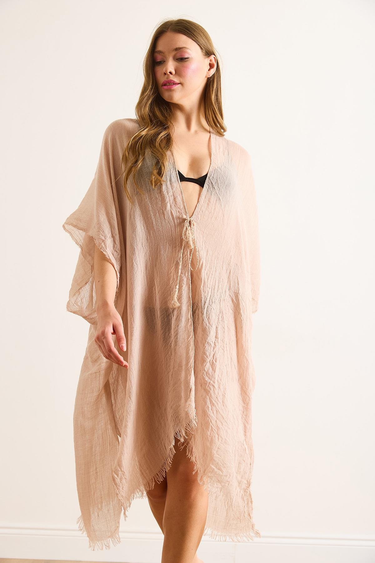 Yırtmaçlı Bağlamalı Pareo Kimono Bej