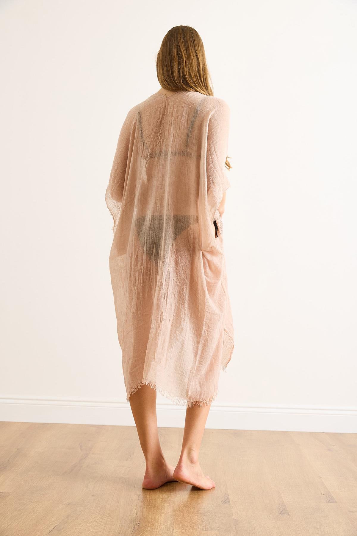 Yırtmaçlı Bağlamalı Pareo Kimono Bej