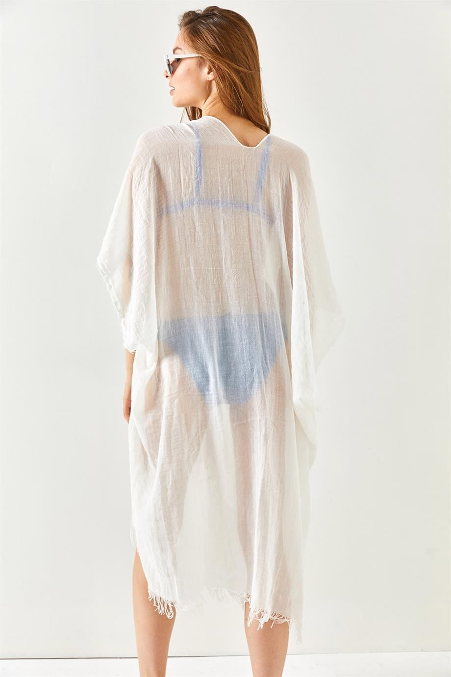 Yırtmaçlı Bağlamalı Pareo Kimono Ekru