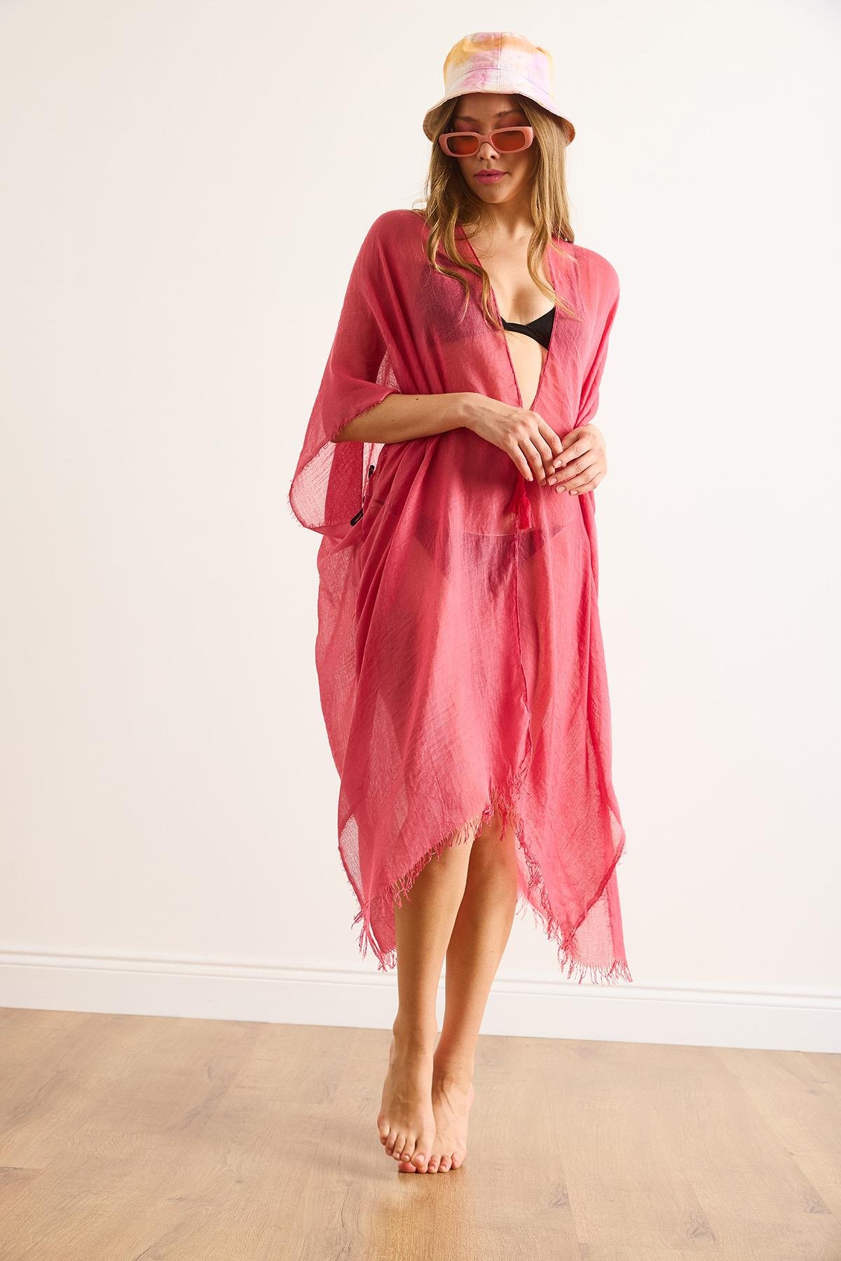 Yırtmaçlı Bağlamalı Pareo Kimono Fuşya
