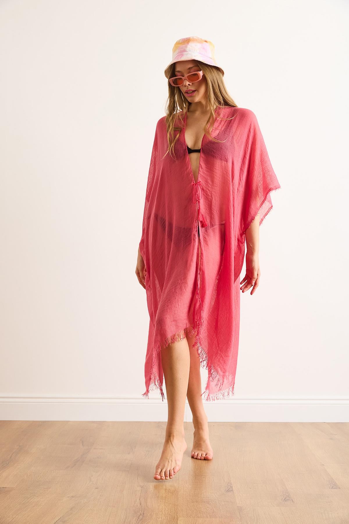 Yırtmaçlı Bağlamalı Pareo Kimono Fuşya