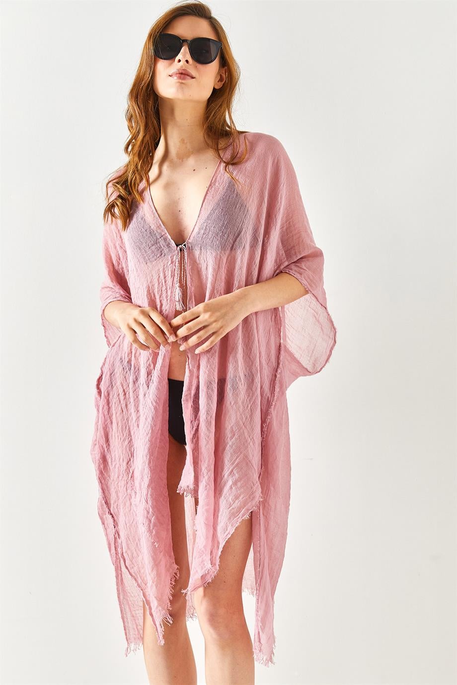 Yırtmaçlı Bağlamalı Pareo Kimono Gül Kurusu