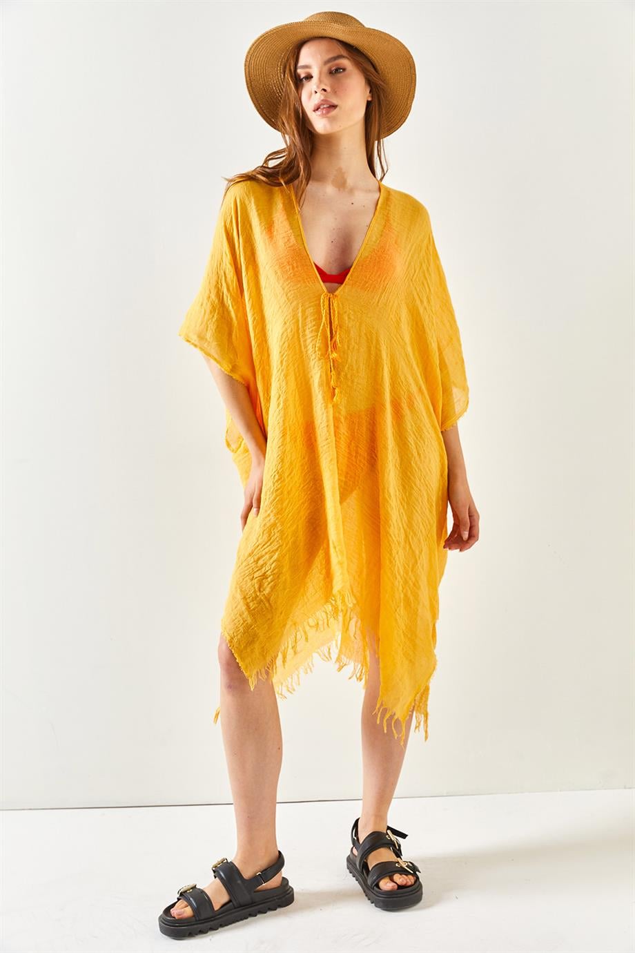 Yırtmaçlı Bağlamalı Pareo Kimono Hardal
