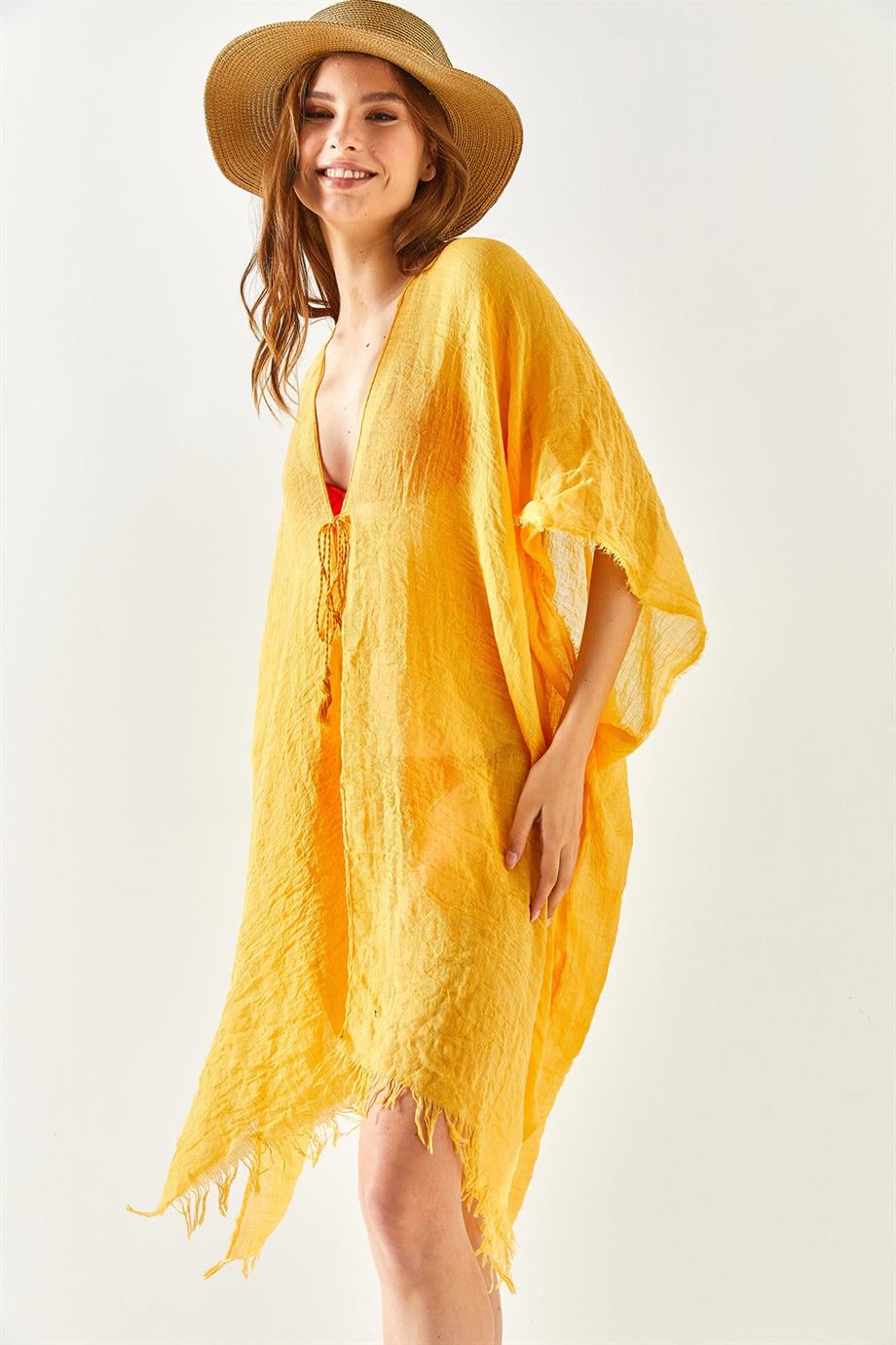 Yırtmaçlı Bağlamalı Pareo Kimono Hardal
